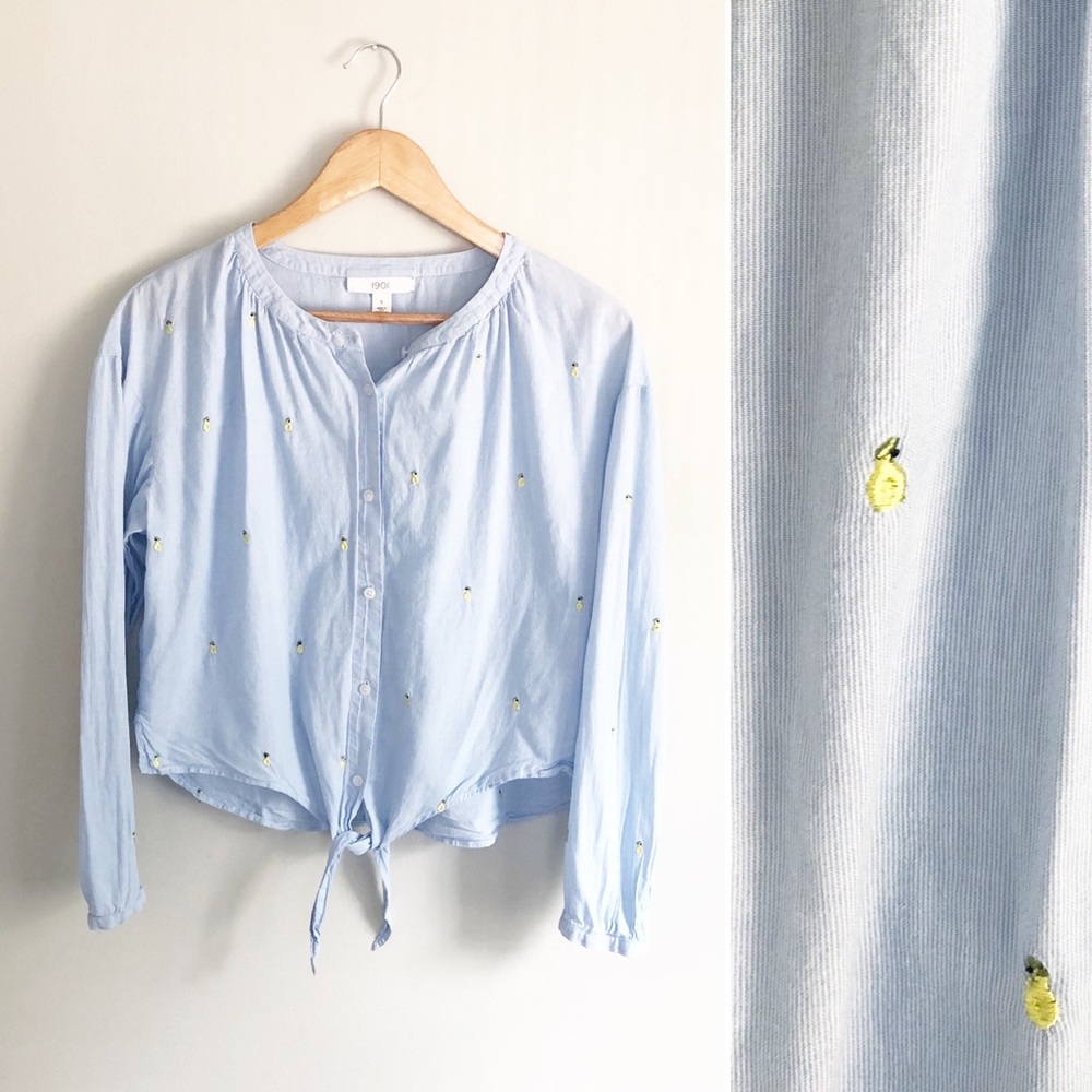 1901 Embroidered Tie Front Crop Button Down Shirt/Blouse | Women | Small/Medium